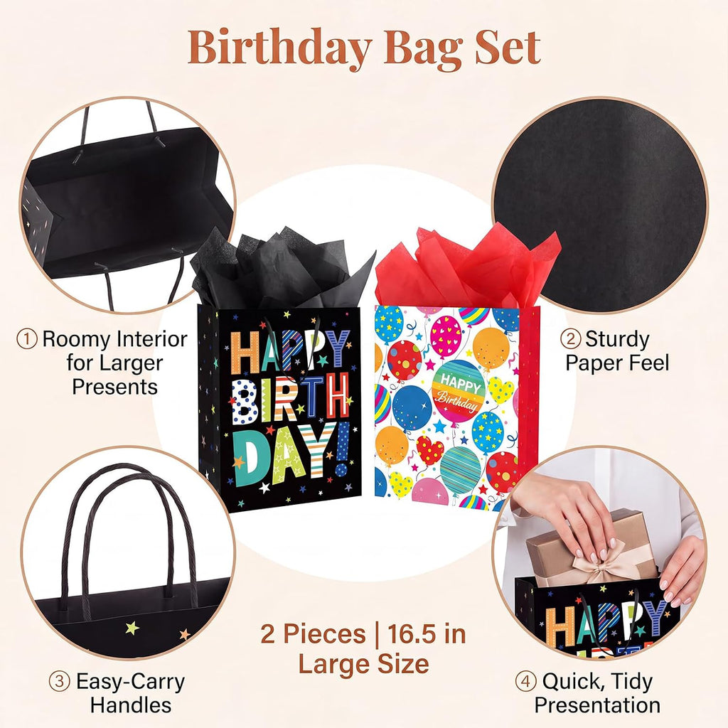 2 Pcs 16.5'' Large Happy Birthday Gift Bag for Boys Kids Men