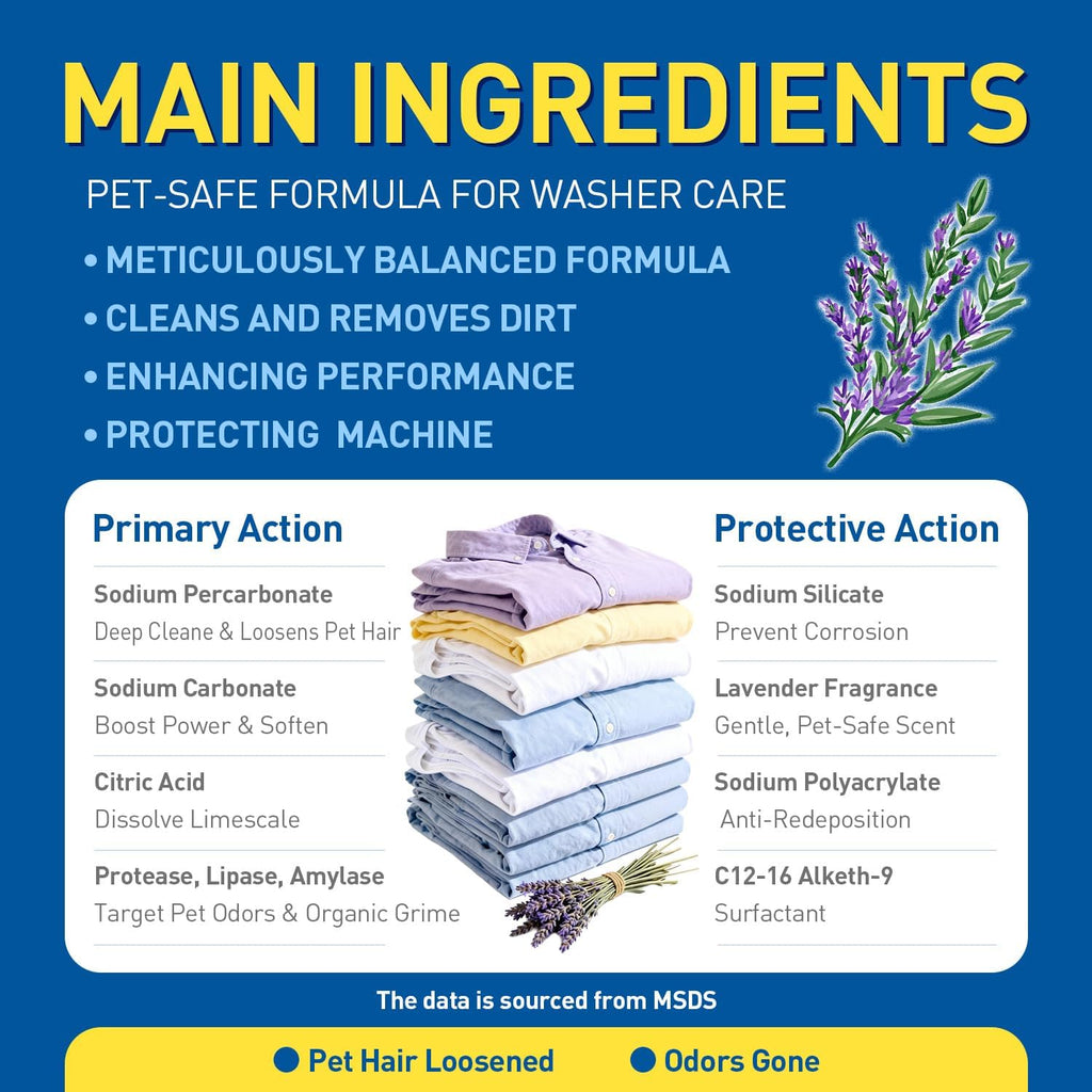 24 Count Washing Machine Cleaner for Pet Hair Relief Tablets - HE-Safe, Septic-Safe, Lavender Scent, 1-Year+ Supply
