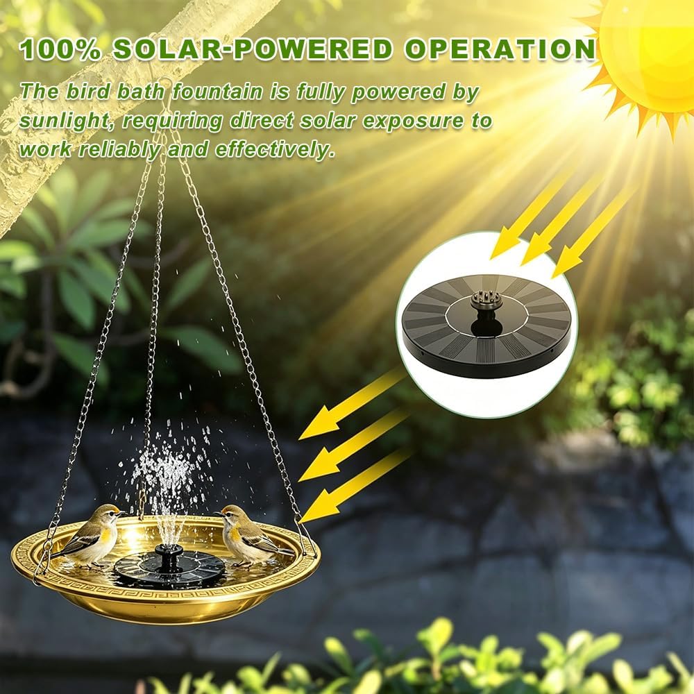 10.42 Inch Extra Deep Hanging Bird Bath with Solar Fountain, Outdoor Portable Soaking Tub with Solar Water Pump