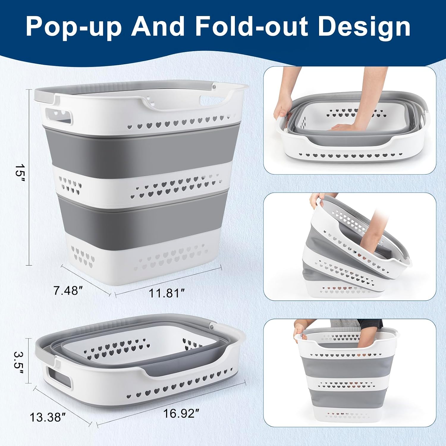 Collapsible Laundry Basket 42L Foldable Pop-Up Clothes Hamper for Dorm | Plastic Pop Up Laundry Hamper with Handle