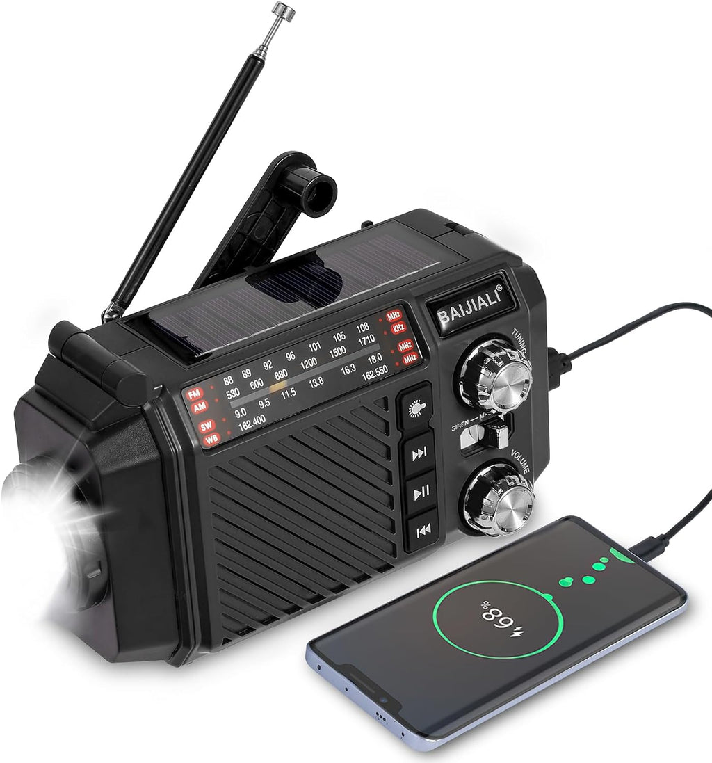 Hand Crank Emergency Weather Radio, NOAA AM FM Shortwave Portable Radio | Solar & USB-C Charging, Flashlight, SOS