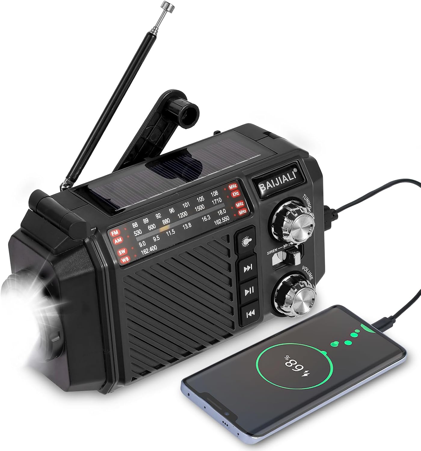 Hand Crank Emergency Weather Radio, NOAA AM FM Shortwave Portable Radio | Solar & USB-C Charging, Flashlight, SOS