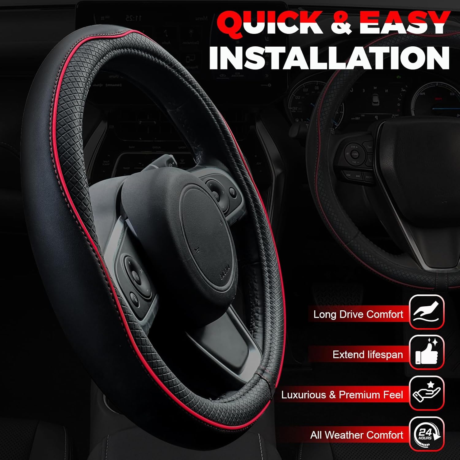 Car Steering Wheel Cover, Microfiber Leather Steering Wheel Covers with Anti-Slip Lining, Universal 14.5-15 inchs