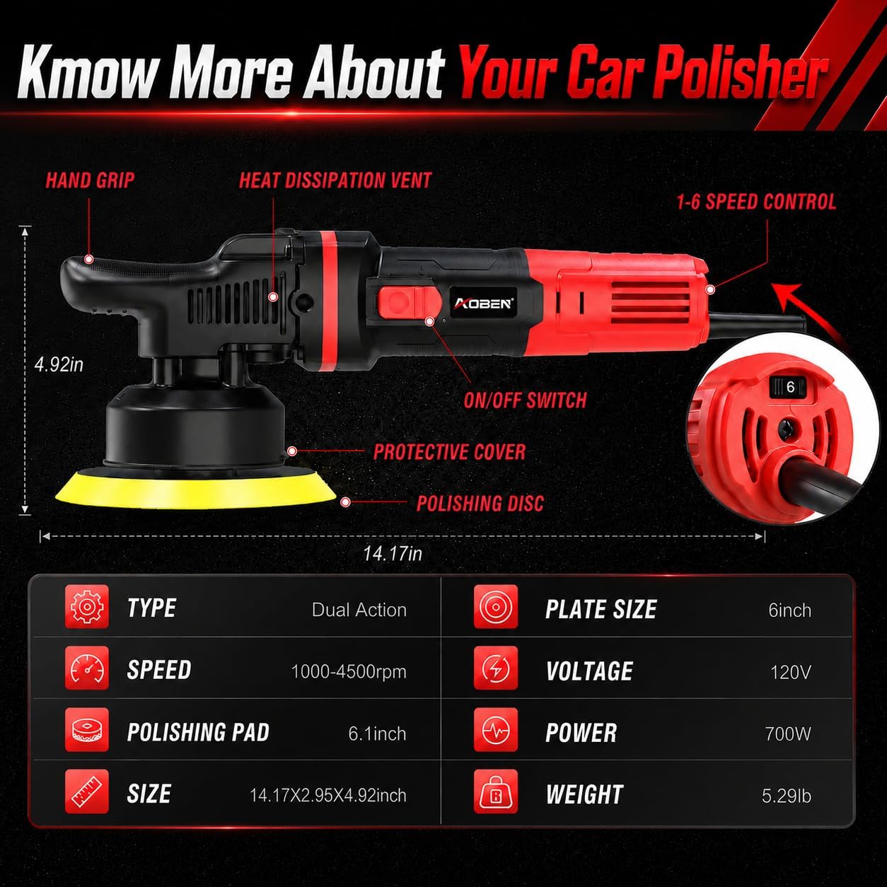 Car Buffer Polisher,6 inch Dual Action Polisher,Random Buffer Polisher kit with 6 Variable Speed