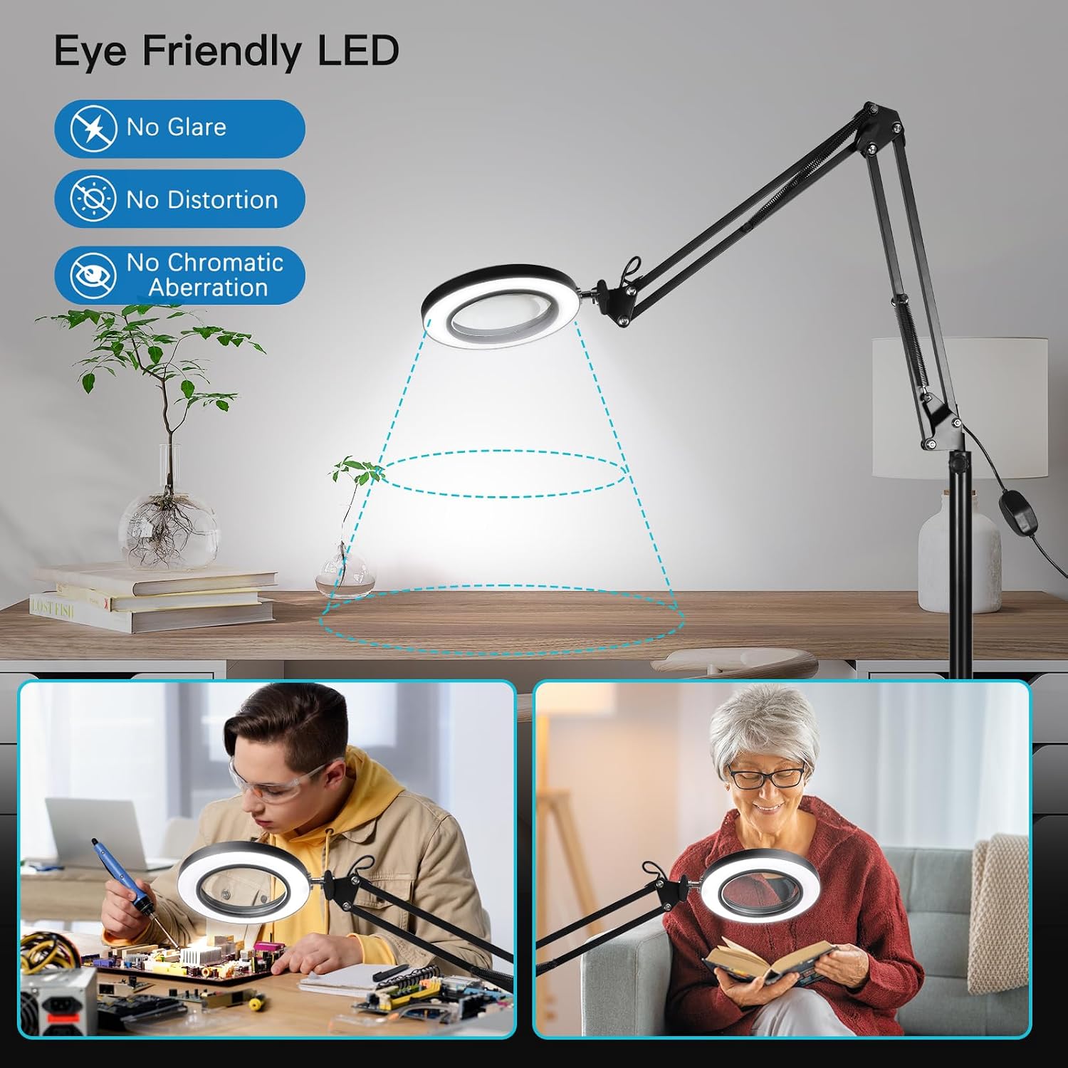 10X Magnifying Floor Lamp, 3-in-1 Hands Free Magnifying Glass with Light and Stand, 2 Color Modes with Clamp for