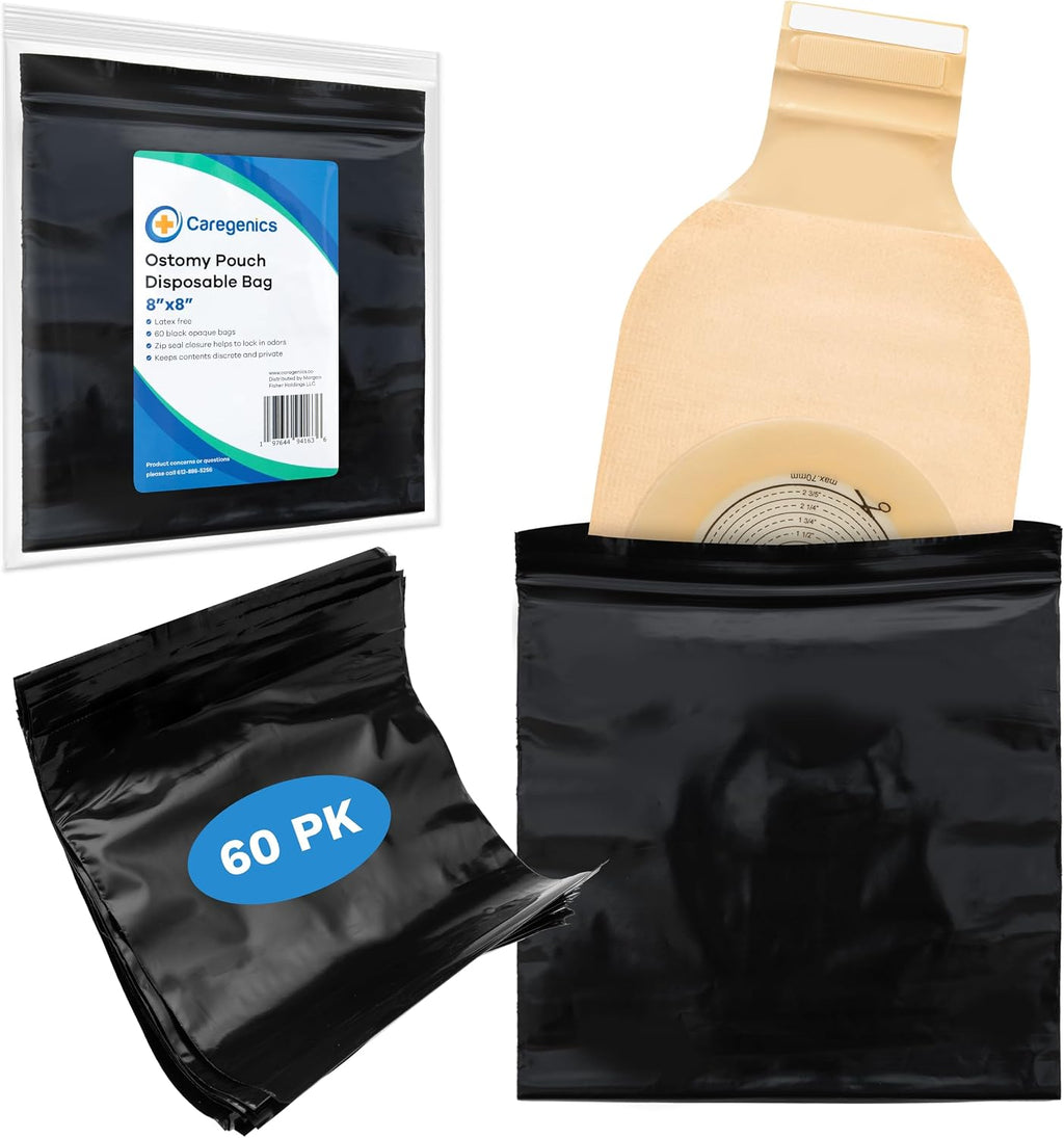 8x8 Ostomy Pouch Disposable Bags/Zip Seal Closure, Prevents and Locks in Odors, Mess-Free / 8"x8" by Caregenics (60