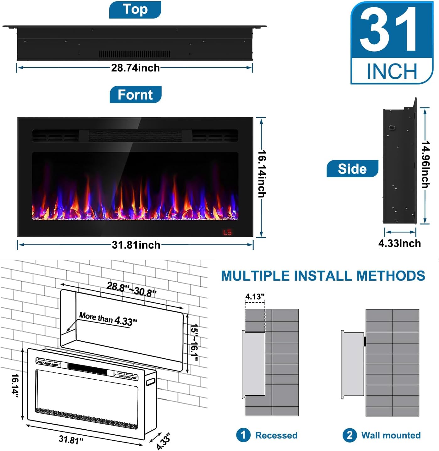 31 Inch Electric Fireplace Recessed and Wall Mounted, Fireplace Heater and Linear Fireplace, Ultra-Thin Electric