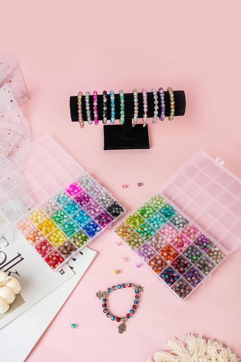 1300PCS 8mm Mixed Crackle Glass Beads for Bracelets Making with Accessories, 48 Colors Crystal Glass Beads Jewelry