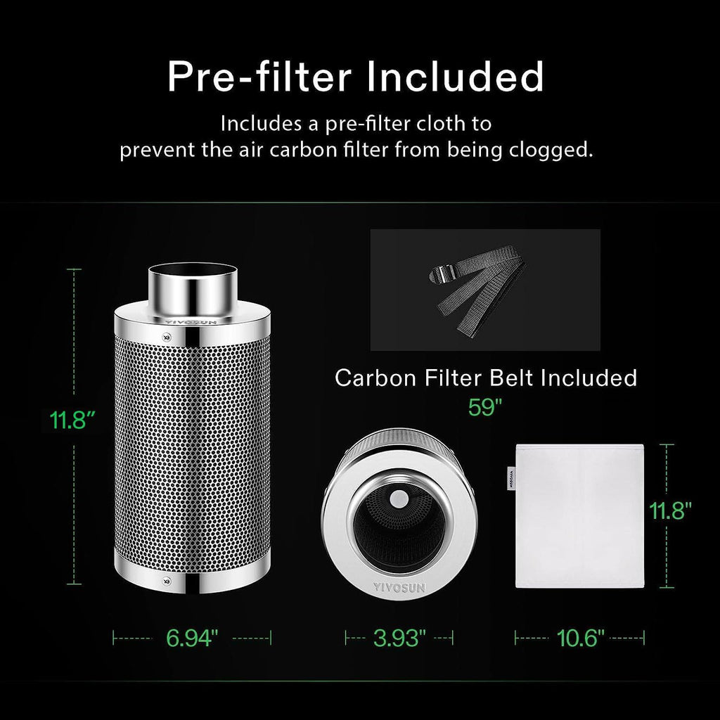 4" Carbon Filter & Pre-Filter 223 CFM for Inline Fan, Silver | Smellines Control with Australia Virgin Charcoal