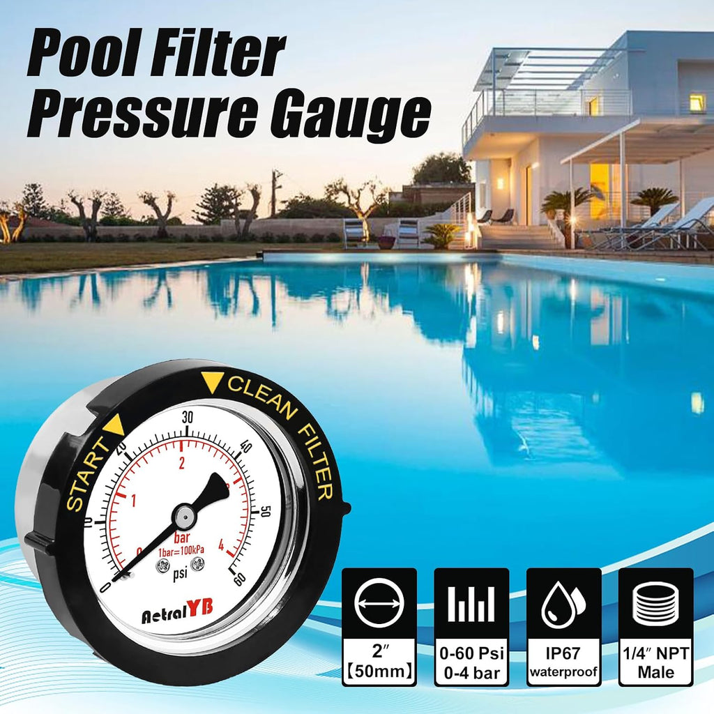 60Psi Pool Filter Pressure Gauge, IP67 Waterproof,2" Dial,1/4NPT