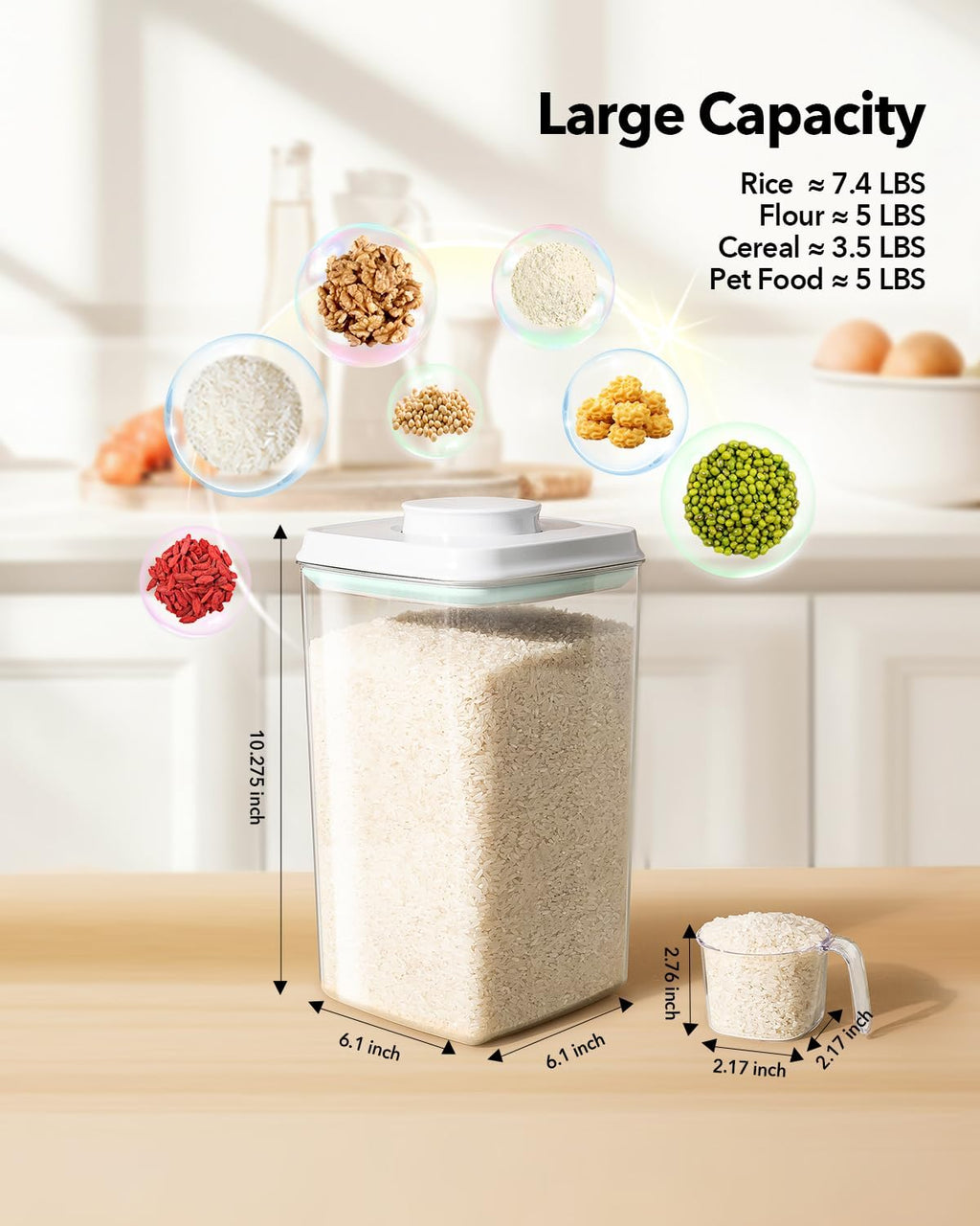 Airtight Food Storage Container with Pop Lid & 130ml Scoop, 4L/4.2qt *2 BPA-Free Cereal, Rice, Flour, Pasta & Snack