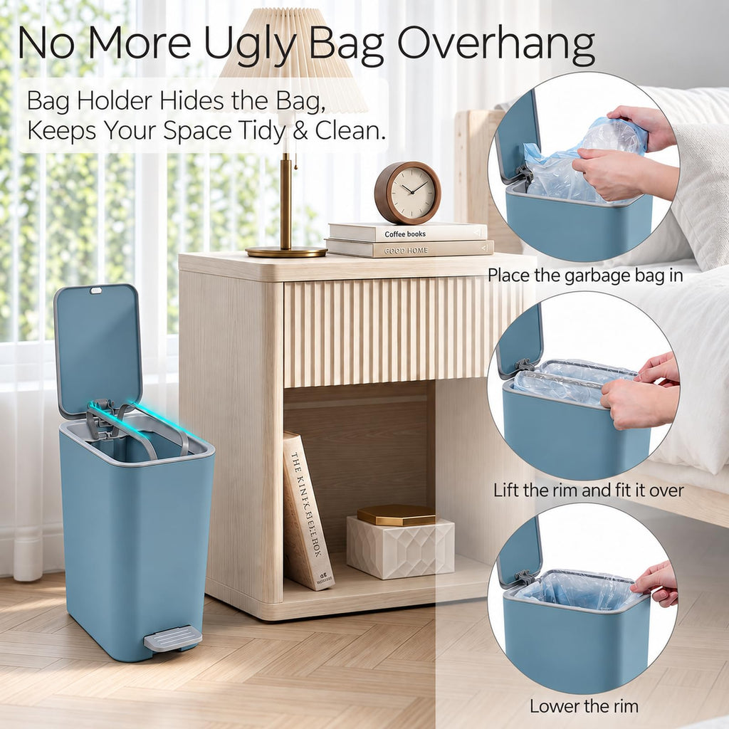 Small Bathroom Trash Can with Lid, 2.1 Gallon Slim Step Trash Can, Blue