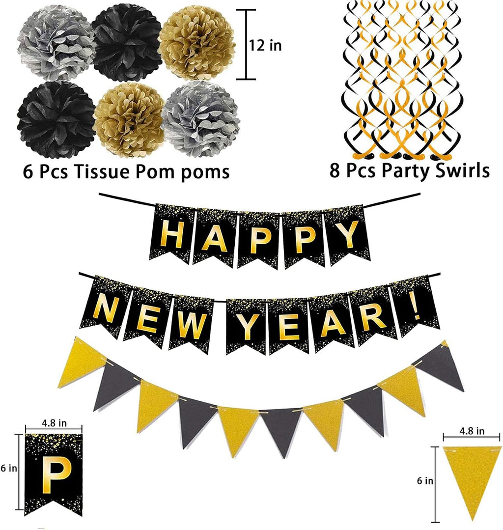 Happy New Year Set Black Banner with Gold Black Paper Flag Bunting Swirl Streamers & Pom Poms for Happy New Year