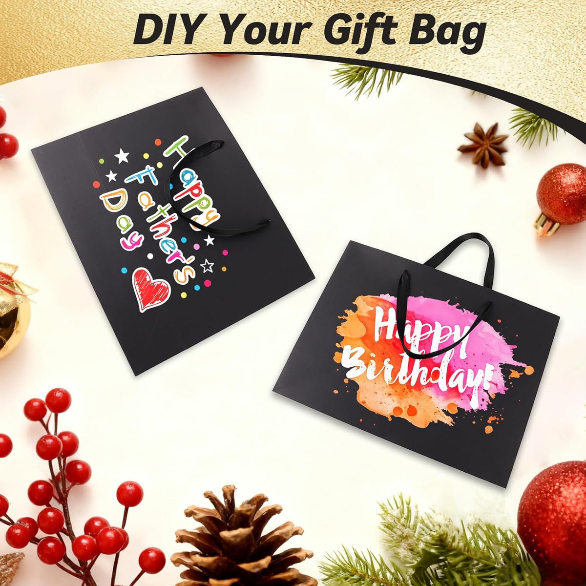 12 Pack Extra Large Black Gift Bags with Handles & 24 Tissue Papers