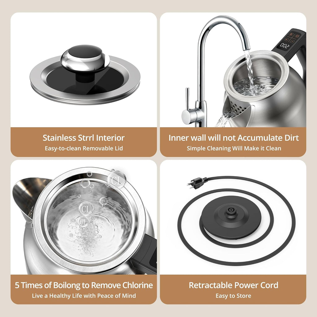 Electric Kettle with Temperature Control, 1.7L 1500W Stainless Steel Tea Kettle, 13 Preset Temperatures, LED Display