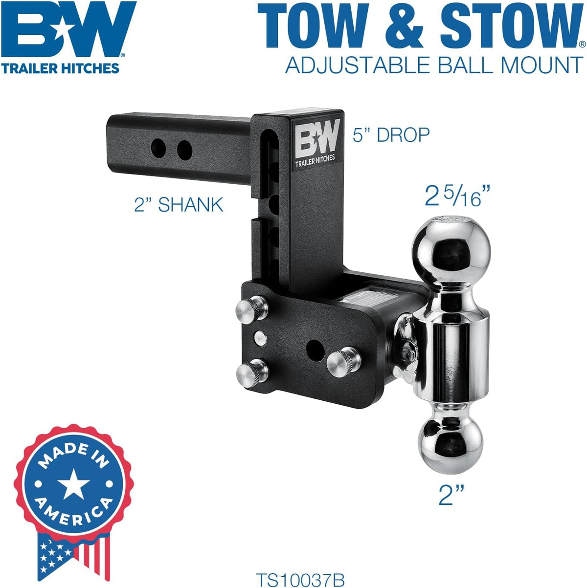 Trailer Hitches Tow & Stow Adjustable Trailer Hitch Ball Mount - Fits 2" Receiver, Dual Ball (2" x 2-5/16"), 5" Drop