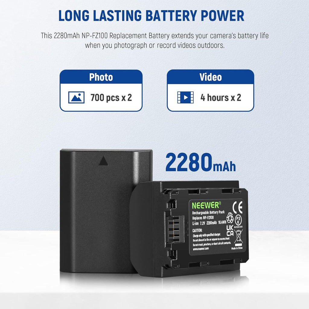 2280mAh NP-FZ100 Replacement Battery 2 Pack with USB Dual Channel Charger Kit, Compatible with Sony ZV-E10II A9III