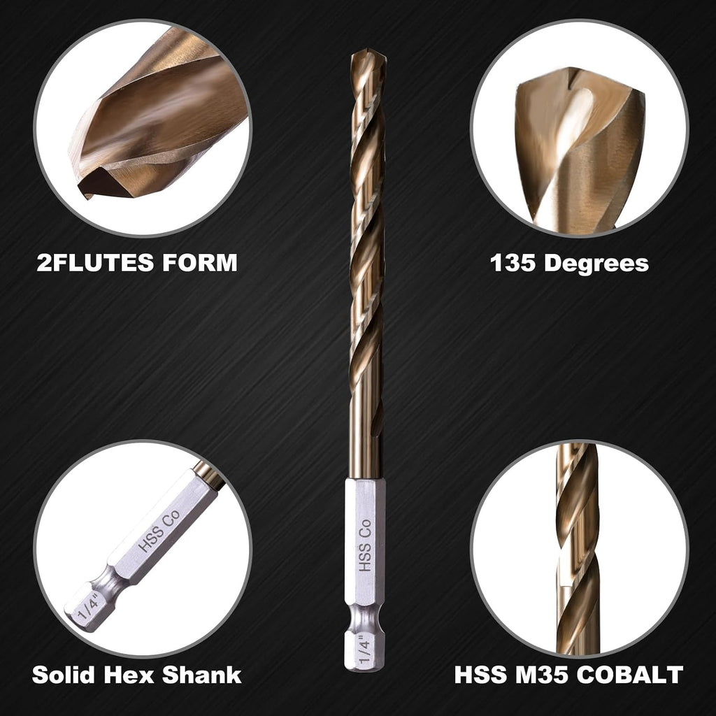 Hex Shank Cobalt Drill Bit Set for Metal & Steel,16Pcs 1/16-3/8