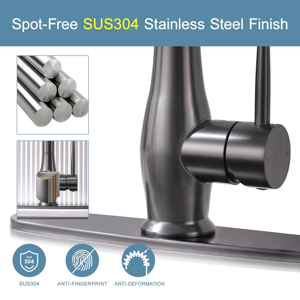 Black Stainless Kitchen Faucet with LED Light and Pull Down Sprayer