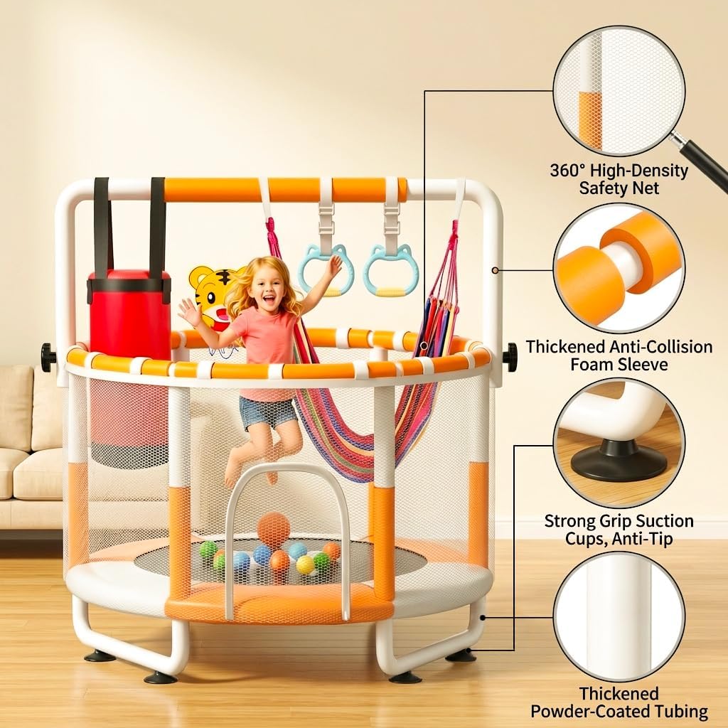 55" Kids Indoor Trampoline with Safety Net, Adjustable Gymnastics Bar & Toys – Indoor/Outdoor Toddler Play Gym for