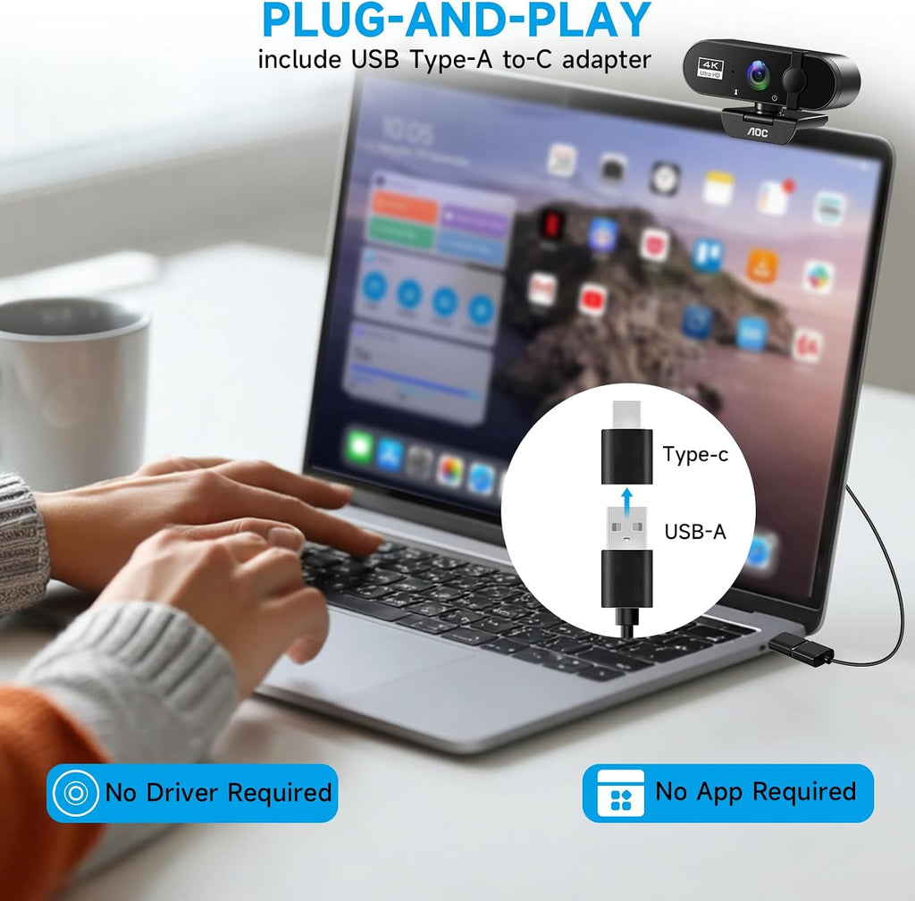 4k Webcam for PC with Microphone, Computer Camera with Noise Cancellation, Privacy Cover, 99° FOV, Plug & Play USB