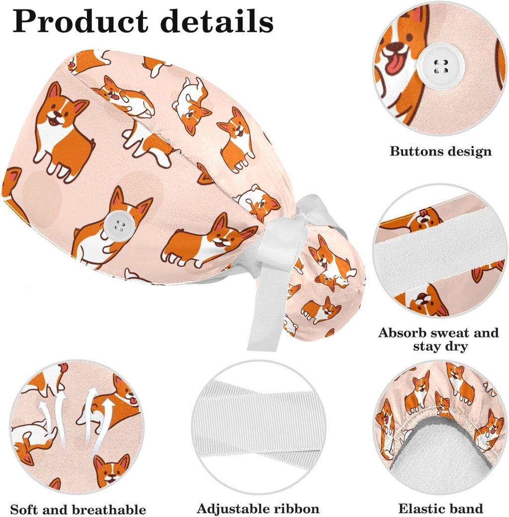 Corgis Dog Animal Women Surgical Cap with Buttons, Long Hair Scrub Hat with Bow Hair Scrunchy Ponytail Holder