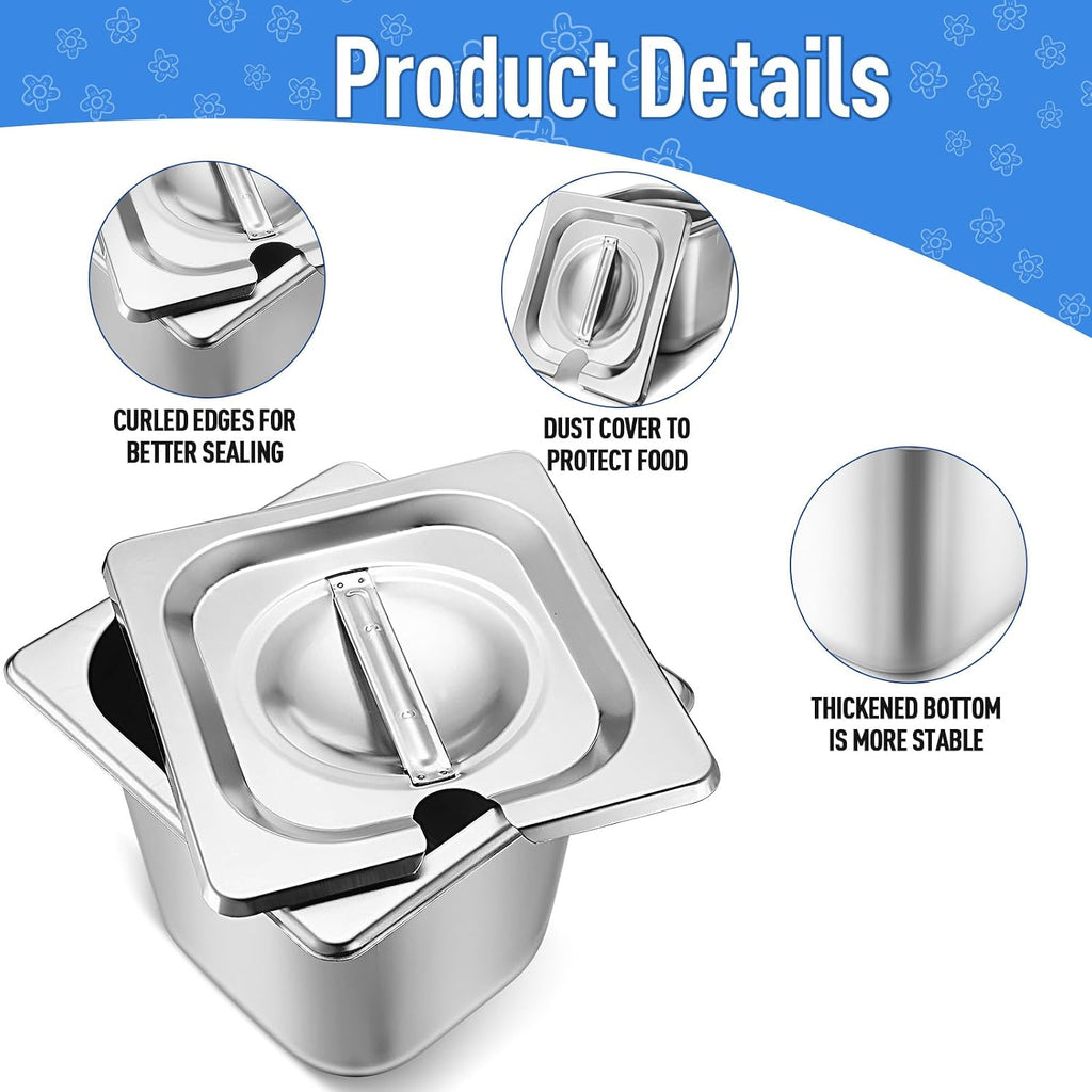 12 Pcs Stainless Steel Hotel Pan with Lids 1/6 Size, 5.9 Inch