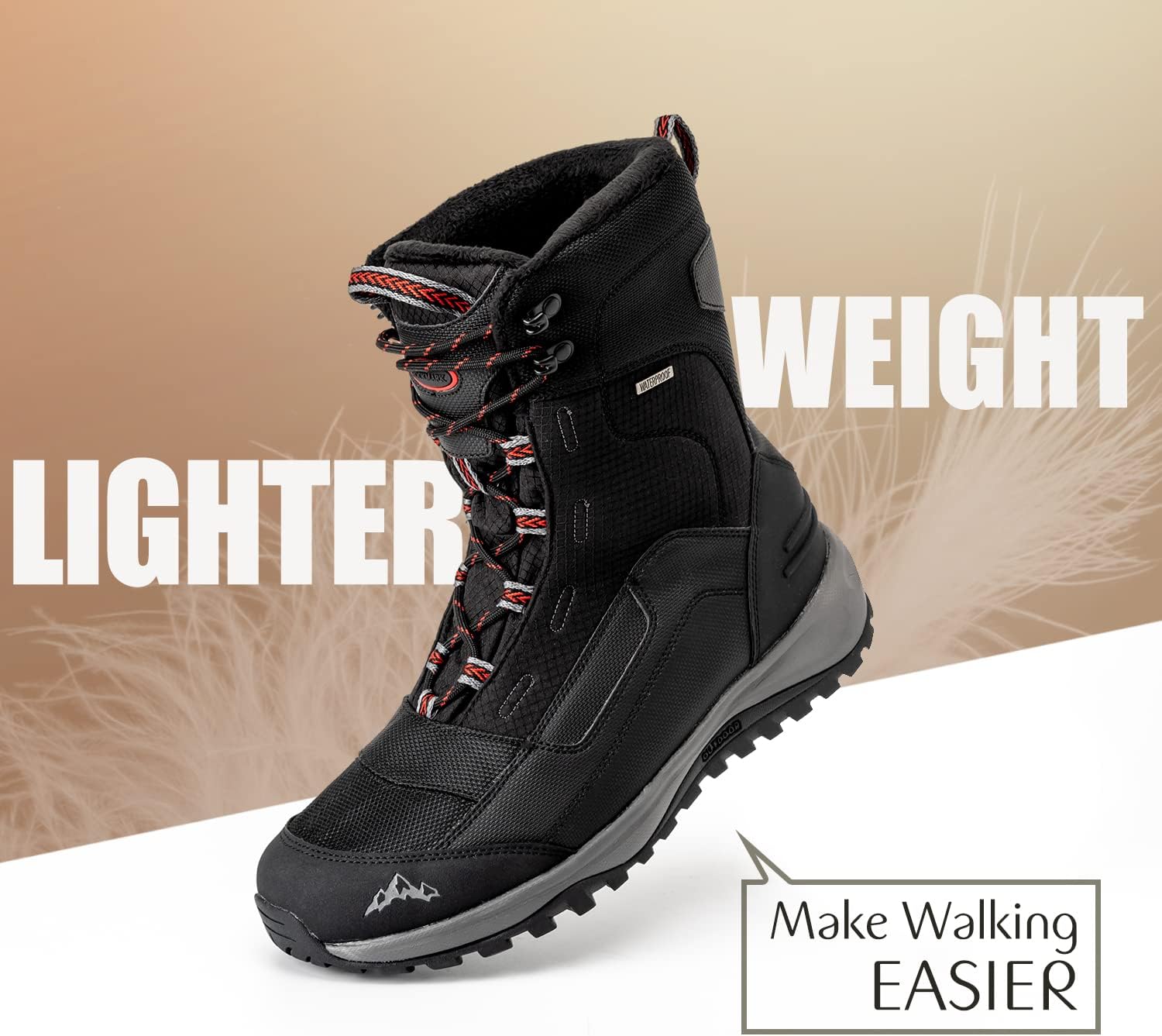 Men's Snow Boots Waterproof Insulated Winter Black Hiking Rubber Fur lined Warm Lightweight Outdoor Shoes,Non-Slip