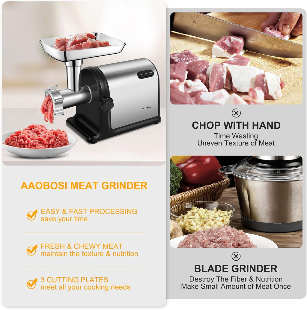 Heavy Duty Stainless Steel Meat Grinder | 3000W Max | 3 Plates | 3 Sausage Stuffers | Stainless Steel Blade | Kubbe