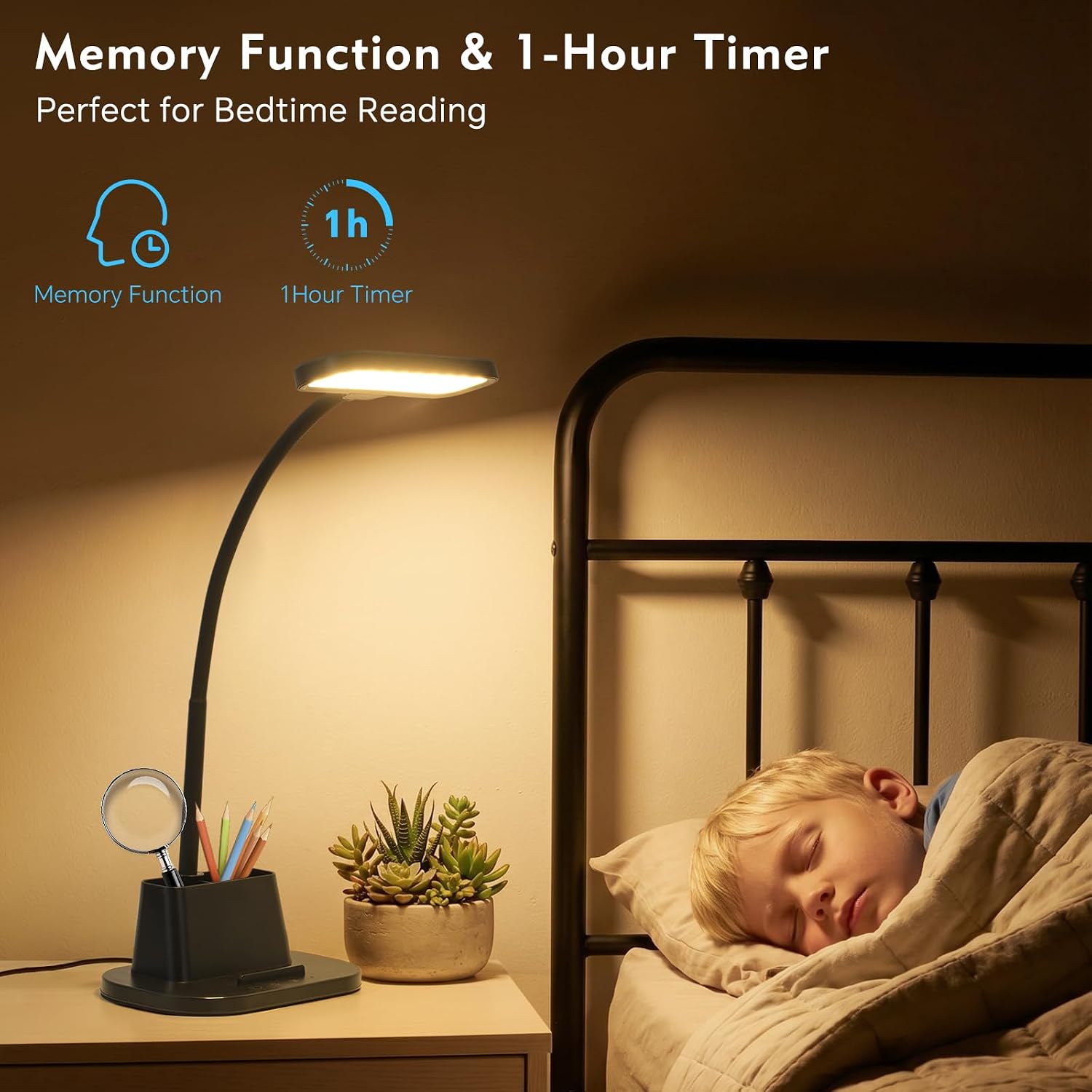 Desk Lamp for Home Office Reading Light with USB Charging Port Black | Small Desk Lamps with Pen Holder, 5 Color