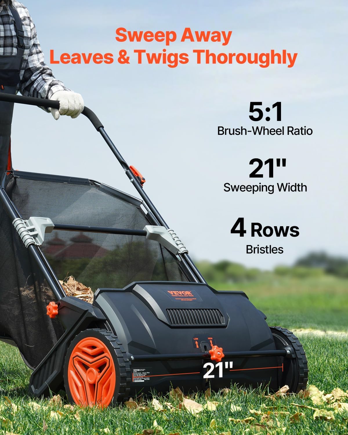 Push Lawn Sweeper 21" Leaf & Grass Collector 3.5 cu. ft. Hopper Bag