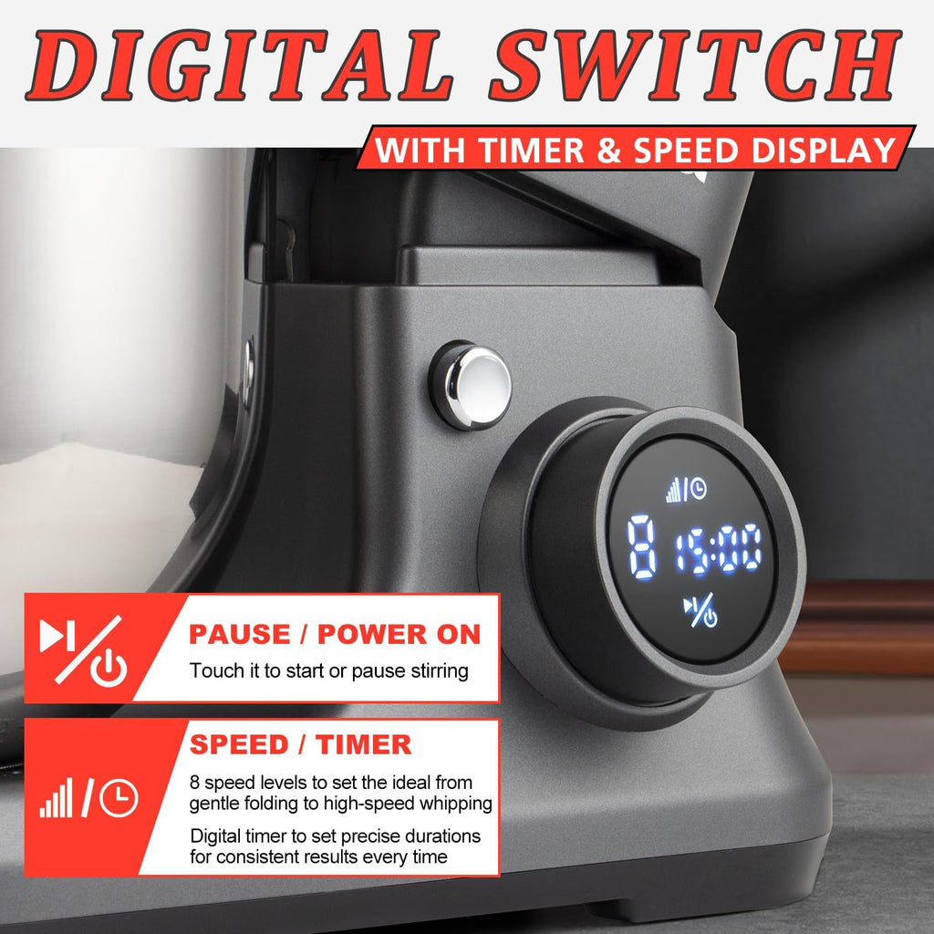 Stand Mixer with Digital Switch Control, 5-Quart, 650W, Grey | Adjustable Timer 15mins & 8 Speeds, kitchen Electric