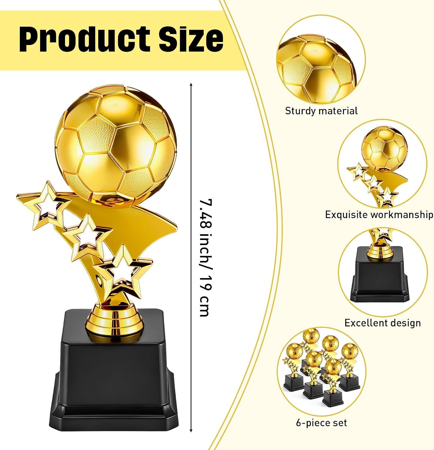 Soccer Trophies for Awards, 7.4 Inch Tall Gold Participation Plastic Trophy Cups Sports Tournament Contest Trophies