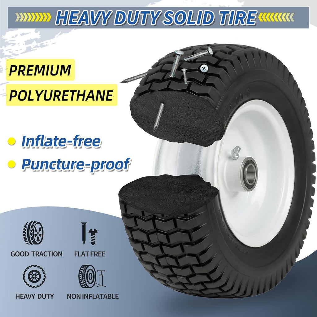 13x5.00-6 Flat Free Lawn Mower Tire and Wheel, 13x5-6 Riding Lawnmower Tire with 3" Centered Hub and 3/4" & 5/8"