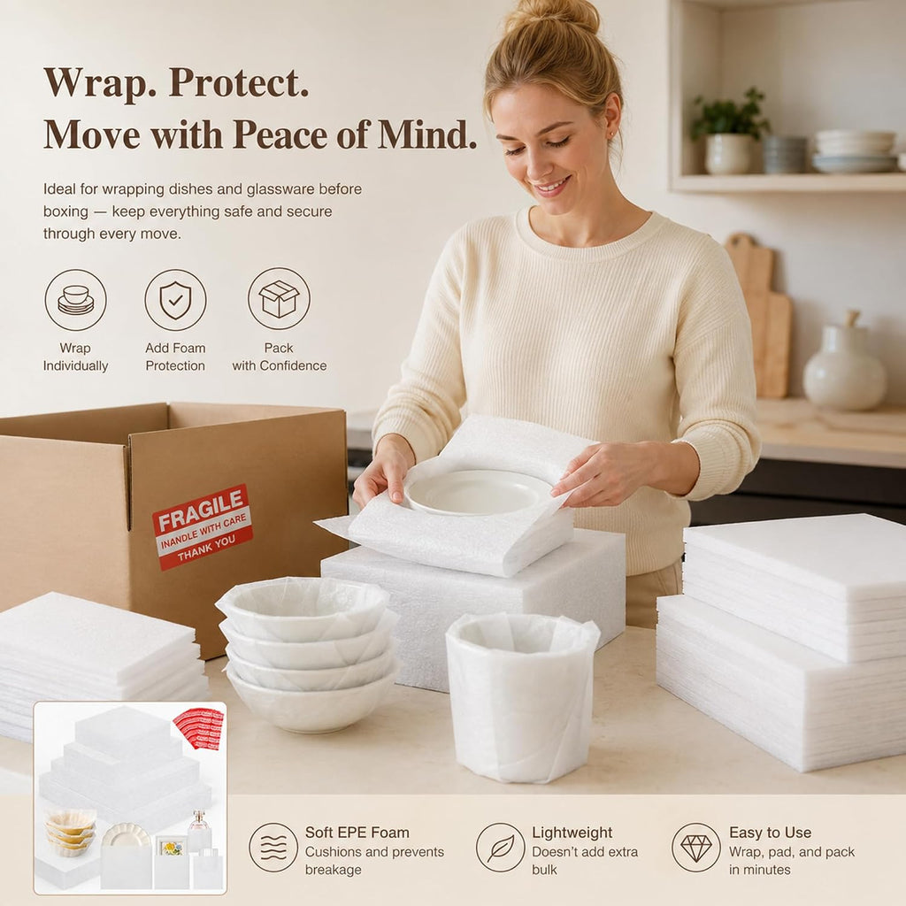 600pcs Dish Packing Supplies for Moving, 6 Size Foam Pouches&sheets