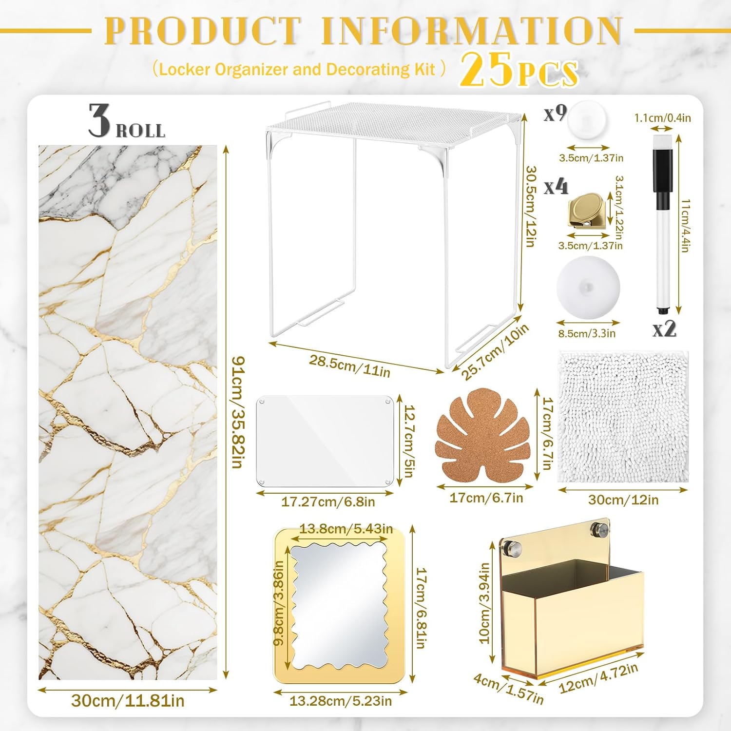 25 Pcs Locker Accessories, Locker Organizer First Day of School Essentials with Shelf, Wallpaper, Mirror, LED