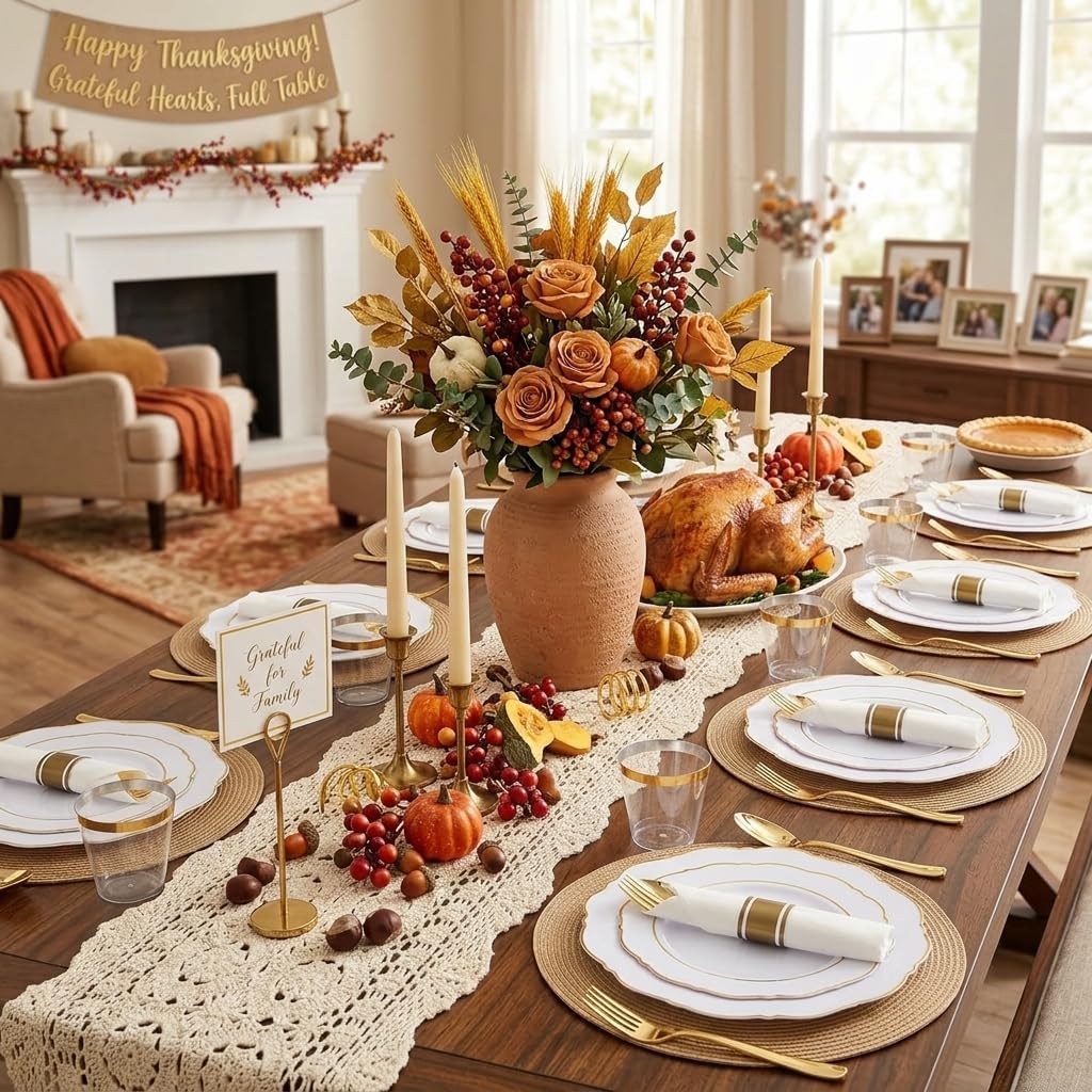 350PCS Gold Plastic Plates-Disposable White and Gold Plates Baroque Plastic Dinnerware include 100Plates, 50Pack Pre