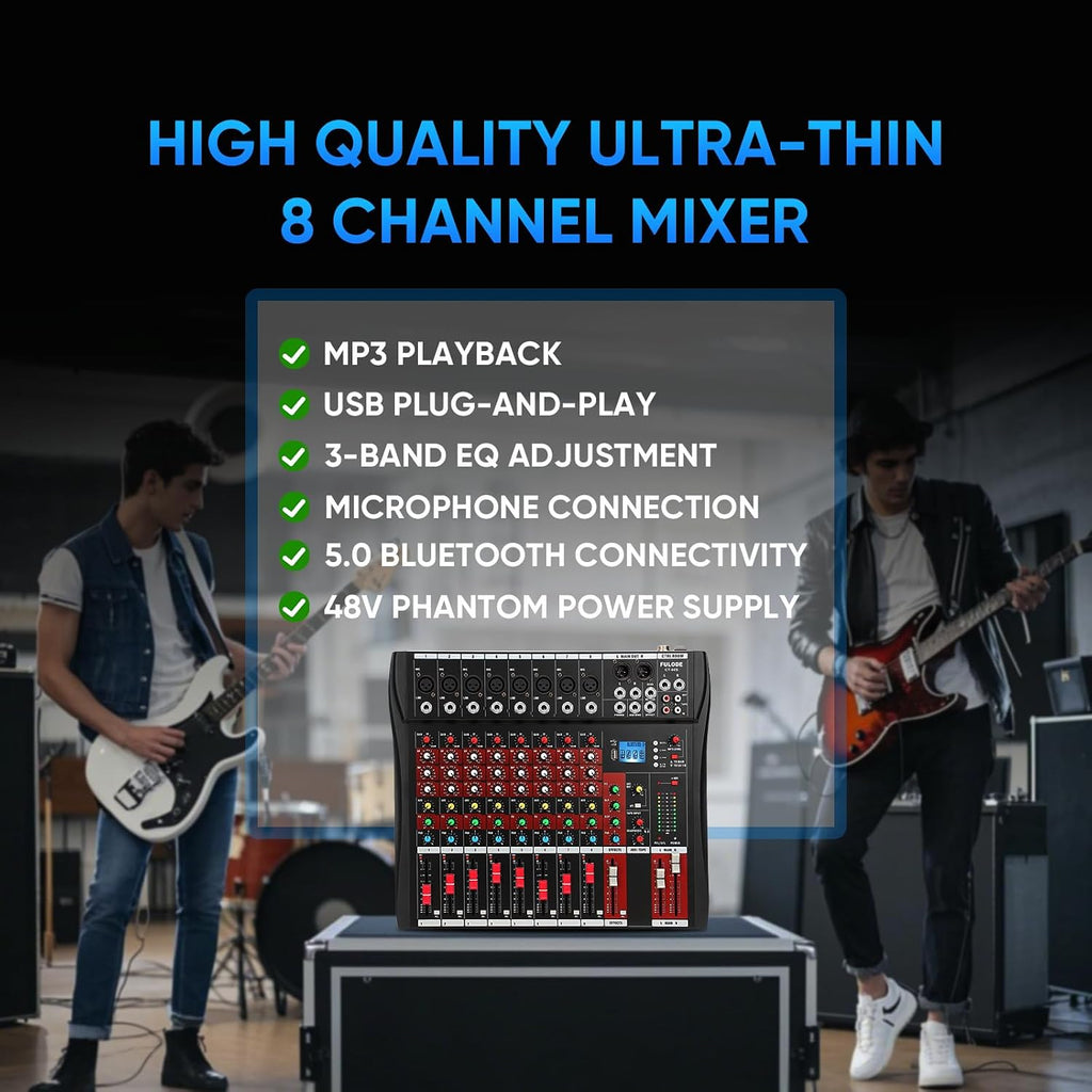 Audio Mixer 8 Channel, CT-80S Professional Sound System Mixer Board DJ Mixing Console with Reverb MP3 Player