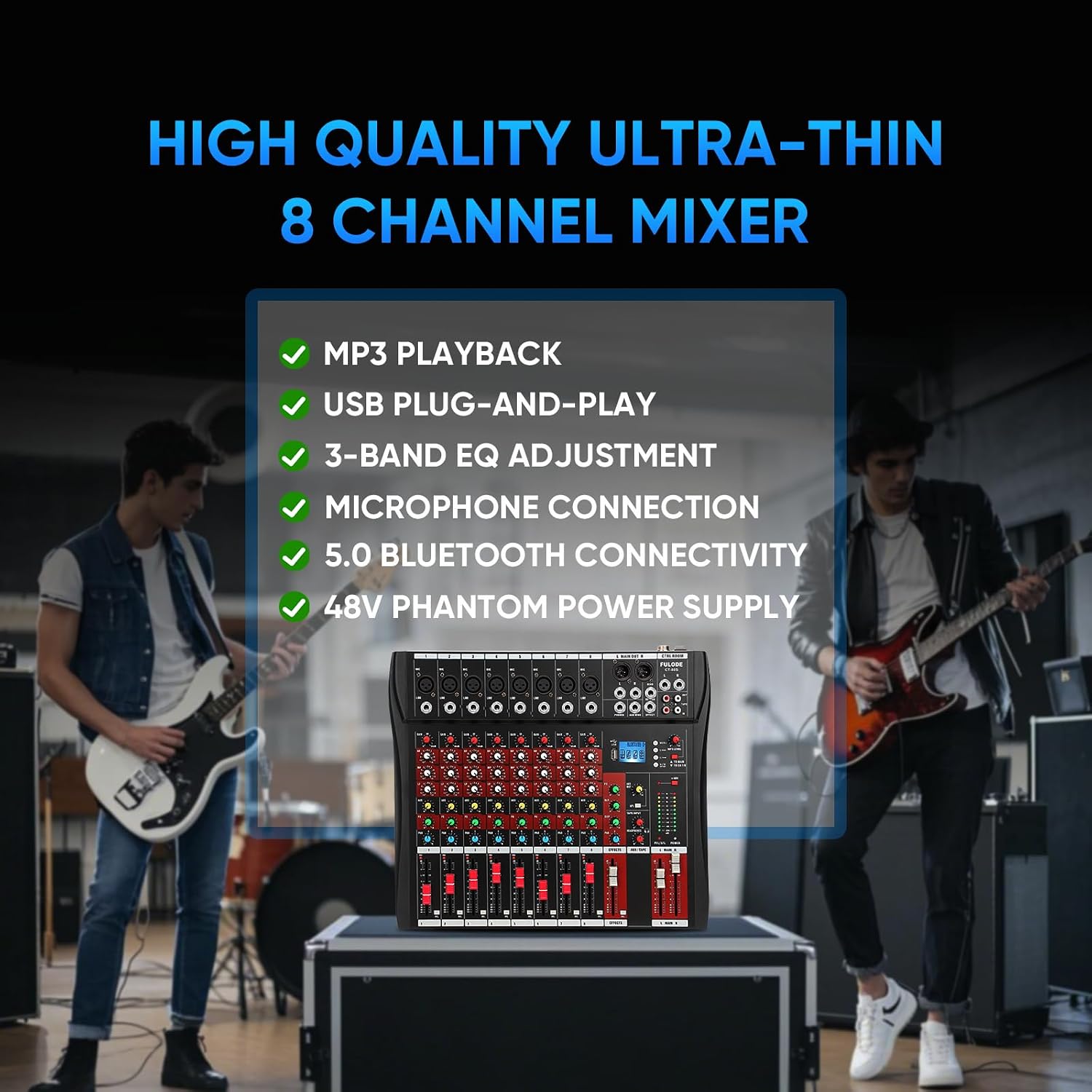 Audio Mixer 8 Channel, CT-80S Professional Sound System Mixer Board DJ Mixing Console with Reverb MP3 Player