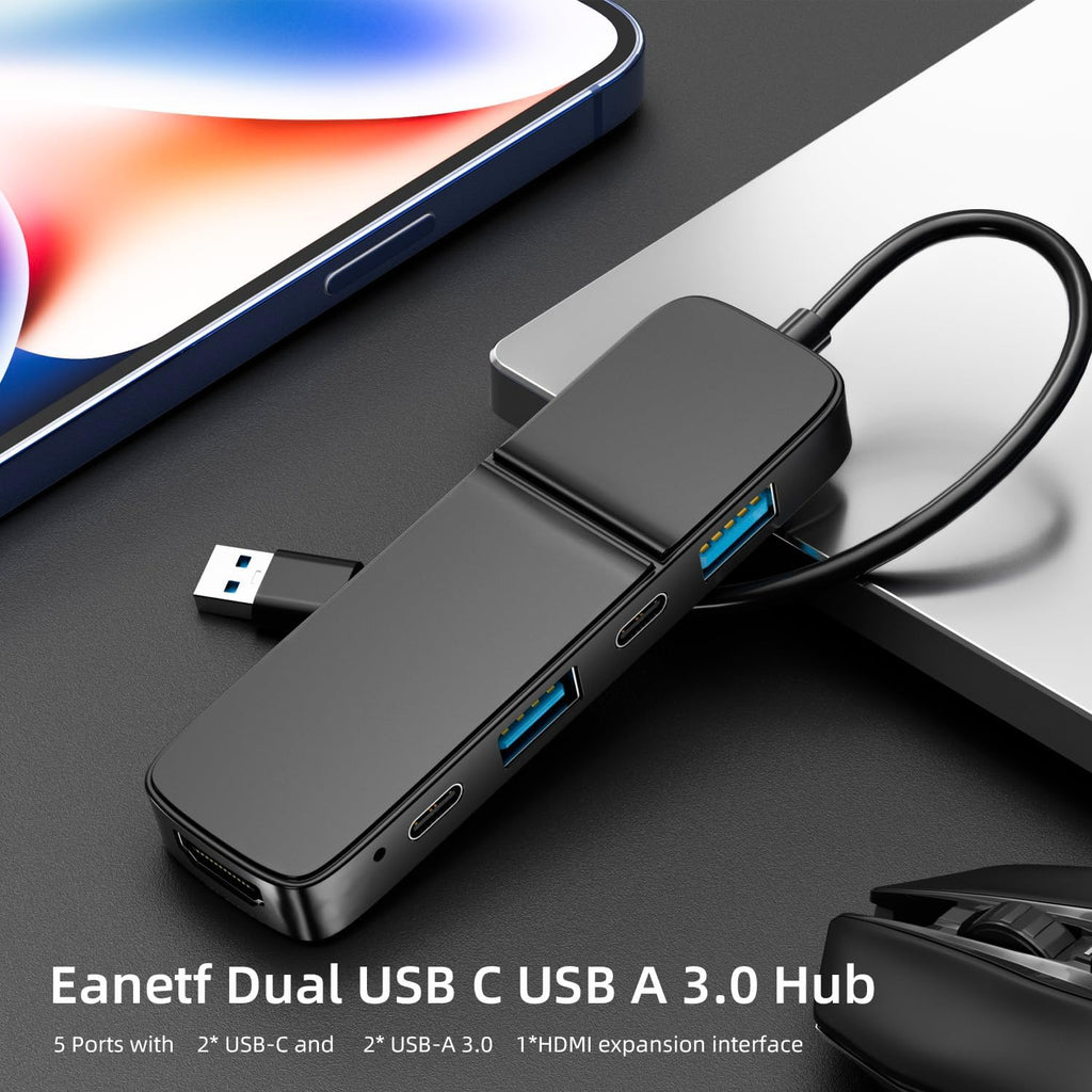 USB to HDMI Adapter, Eanetf Dual USB C USB A 3.0 Hub: 5 Ports with 2* USB-C and 2* USB-A and 1* HDMI Extend for