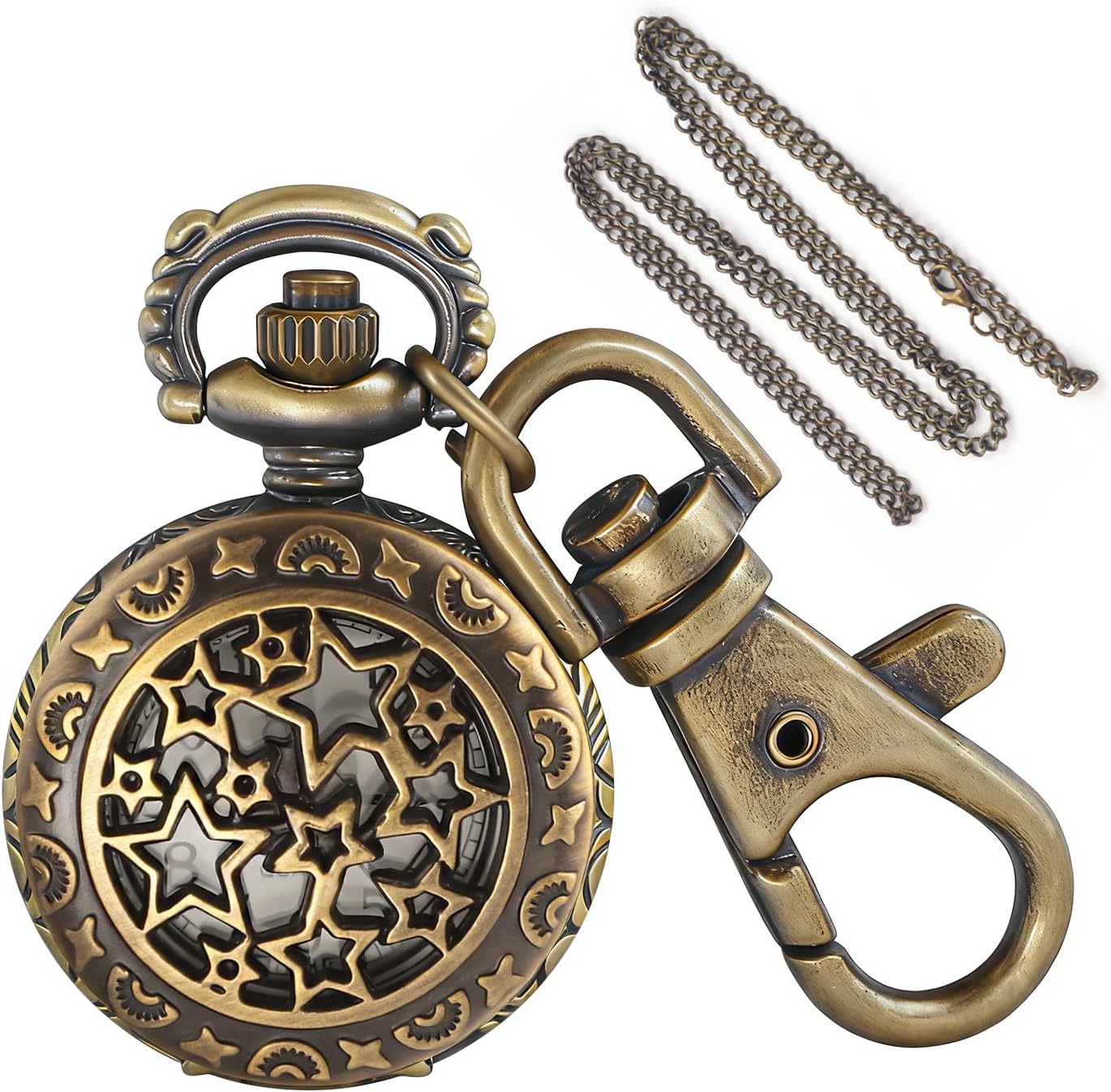 Star Hollow Design Men's Quartz Pocket Watch, Vintage Souvenir Gift Keychain and Chain Dual-Use Pocket Watch
