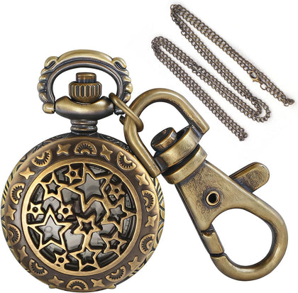 Star Hollow Design Men's Quartz Pocket Watch, Vintage Souvenir Gift Keychain and Chain Dual-Use Pocket Watch
