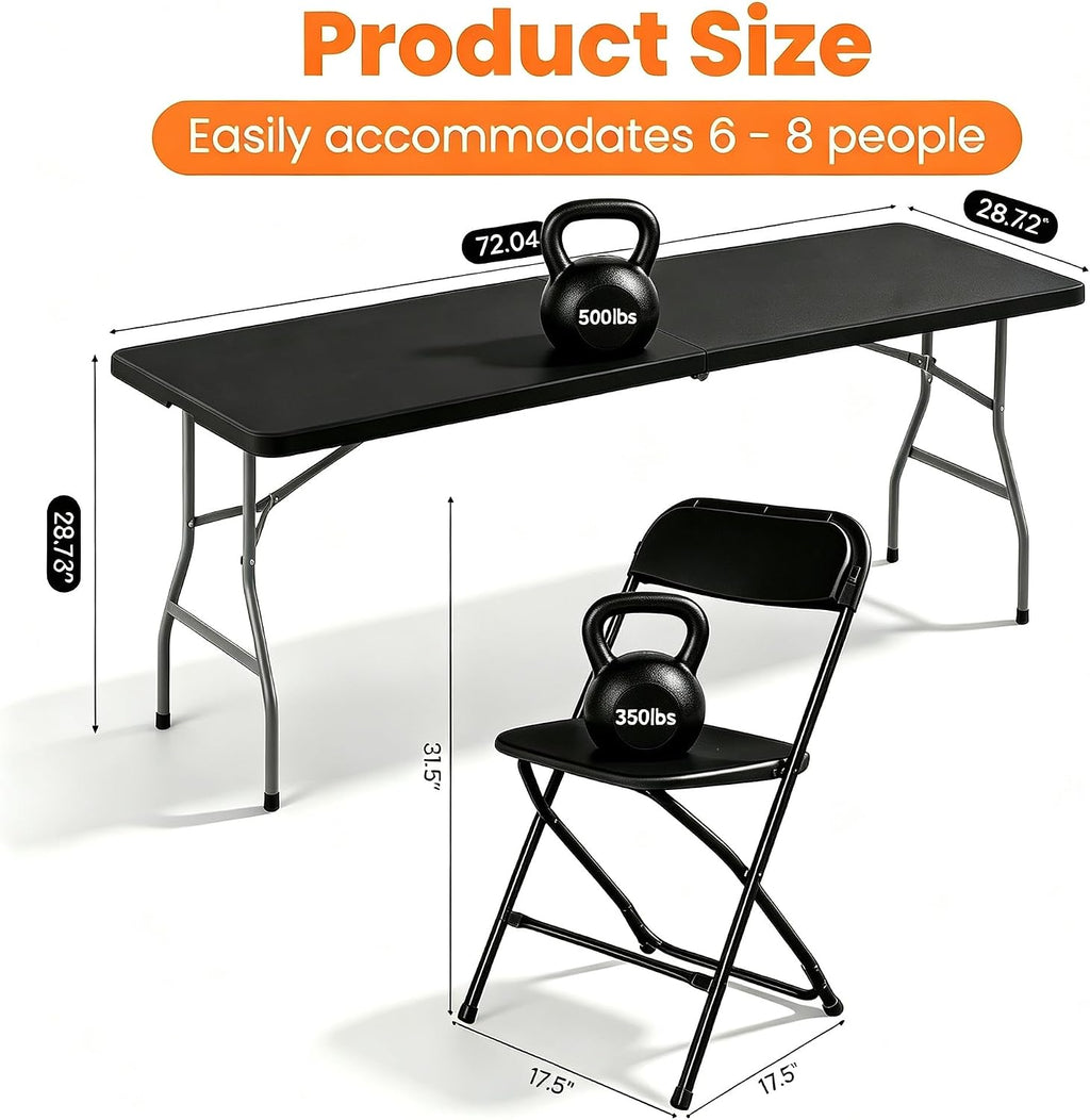 6FT Folding Table Set with 6 Plastic Folding Chairs, Black Heavy Duty Fold-in-Half Utility Table Chairs Sets for