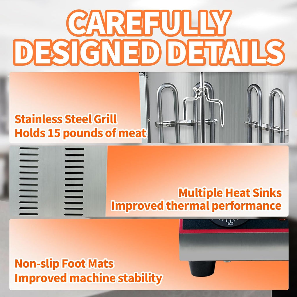 Electric Shawarma Grill Machine Vertical Rotisserie Broiler Gyro with 2 Heating Tubes,Countertop Rotating Grill Doner