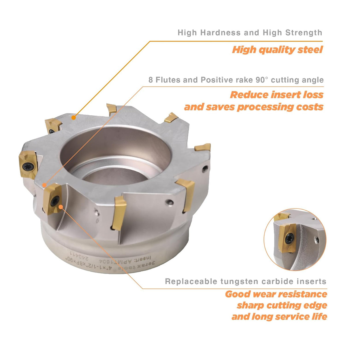 90 Degree Indexable Face Mill with 8 Pcs Carbide Inserts, 4" Cutting Diameter