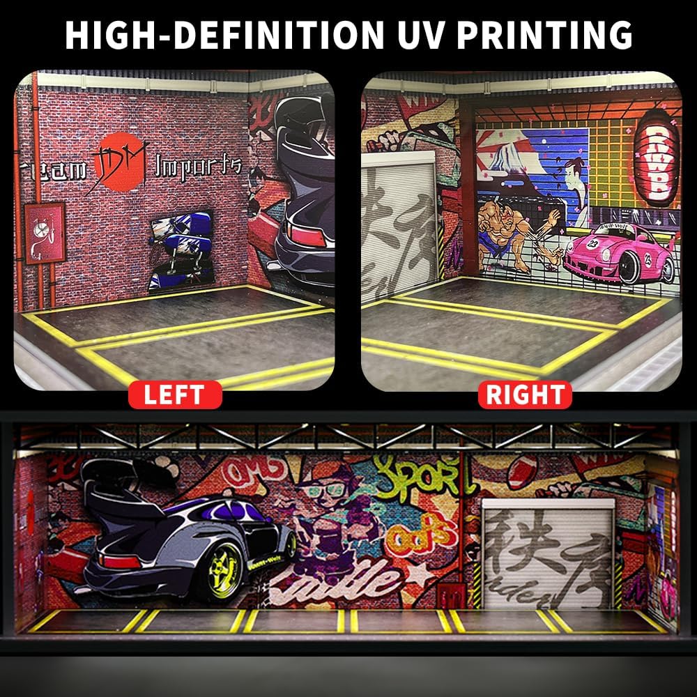 1/64 Scale Diorama Garage Display Case for Die-Cast Model Cars | Acrylic Cover, Storage with 6-Space Scene Parking
