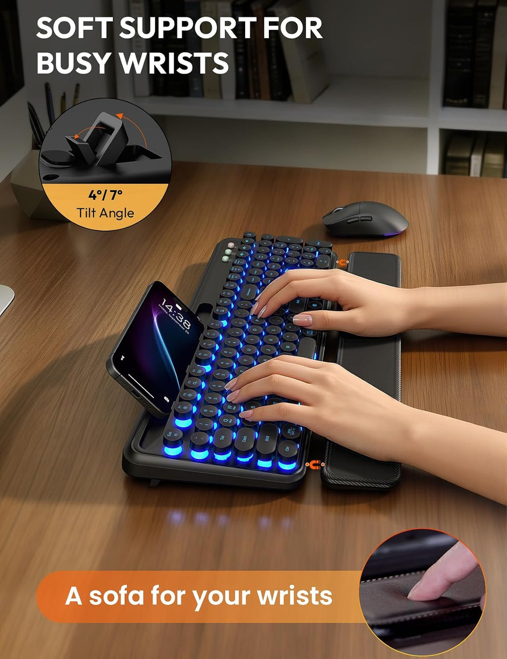 Wireless Keyboard and Mouse, Backlit Typewriter with Magnetic Wrist Rest | Phone Holder, Light Up Round Keycaps