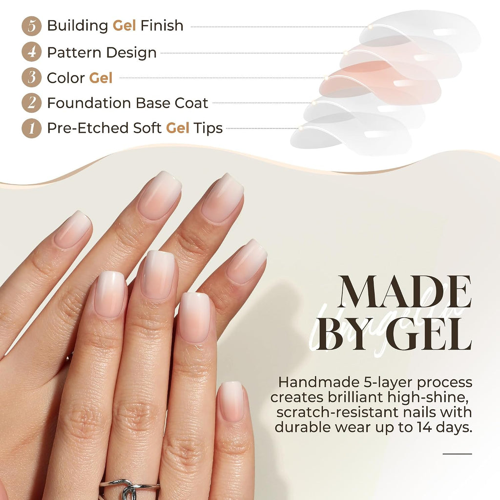 Press On Nails Short Square, Ombre Nude Cream Soft Gel Fake Nails