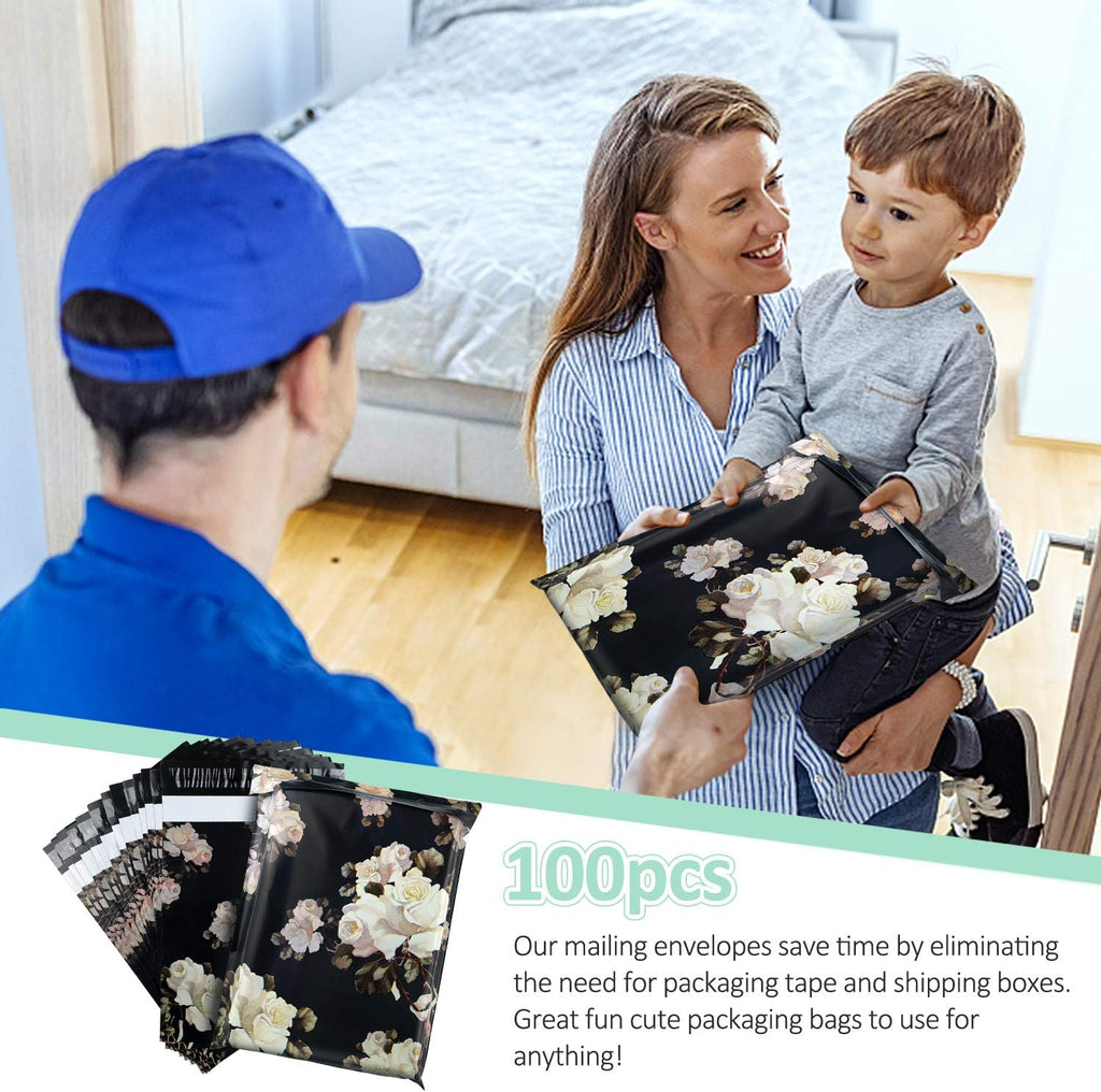 10X13 (100 Pack) Floral Pattern Poly Mailer Envelope Plastic Custom Mailing & Shipping Bags - Self Seal (White Rose)