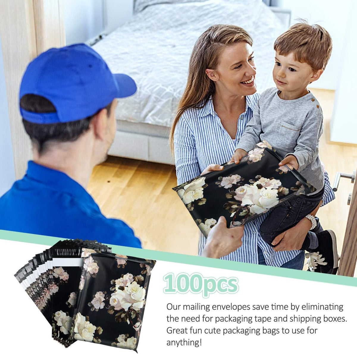 10X13 (100 Pack) Floral Pattern Poly Mailer Envelope Plastic Custom Mailing & Shipping Bags - Self Seal (White Rose)